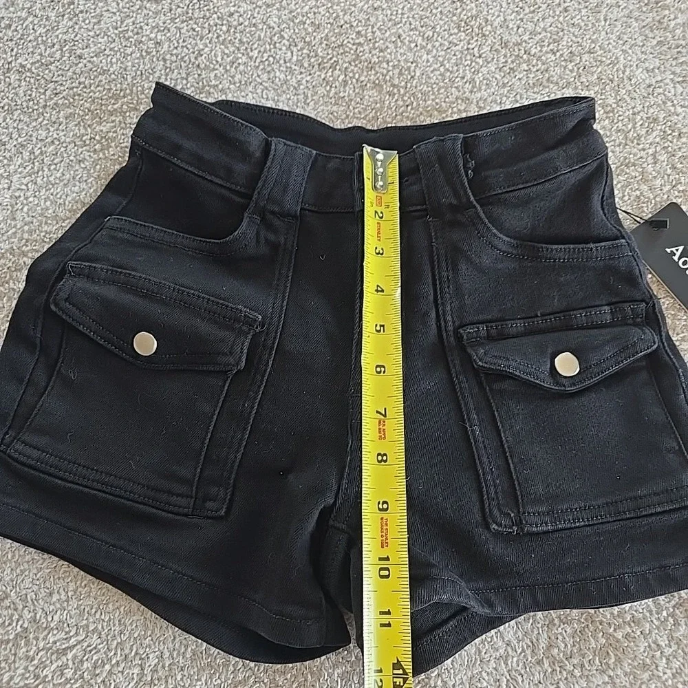 Aotasely Stretch‎ Jean Shorts Mid Waisted Juniors XS Black Denim NWT Festival